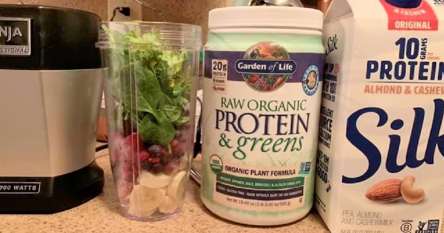 Garden of Life Raw Organic Protein & Greens jar between a blender jar full of produce and a Silk almond cashew milk carton