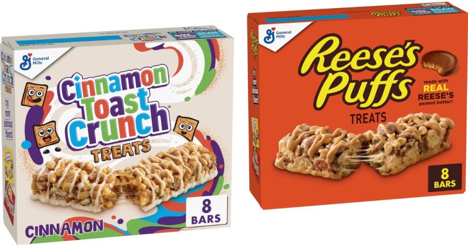 Stock images of Cinnamon Toast Crunch and Reese's Puffs Cereal Bars