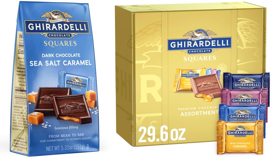bag and box of Ghirardelli chocolate squares