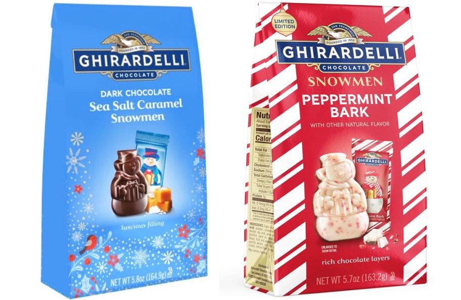 two bags of Ghirardelli snowmen chocolates