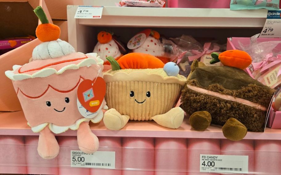 Three different Gigglescape Valentine's Day plush displayed at the store