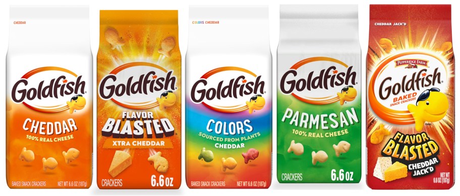 Goldfish in Cheddar Cheese, Flavor Blasted Xtra Cheddar, Colors Cheddar, Parmesan, Flavor Blasted Xtra Cheddar