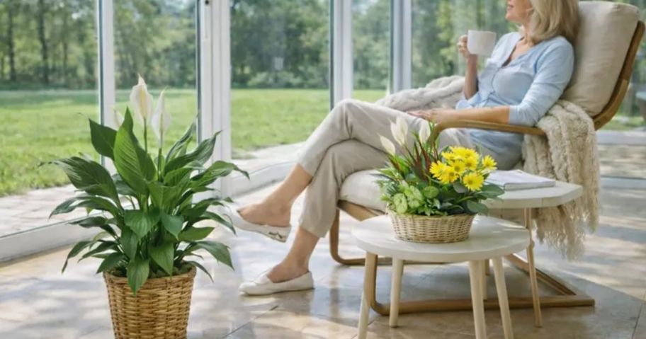 woman sitting near live house plants