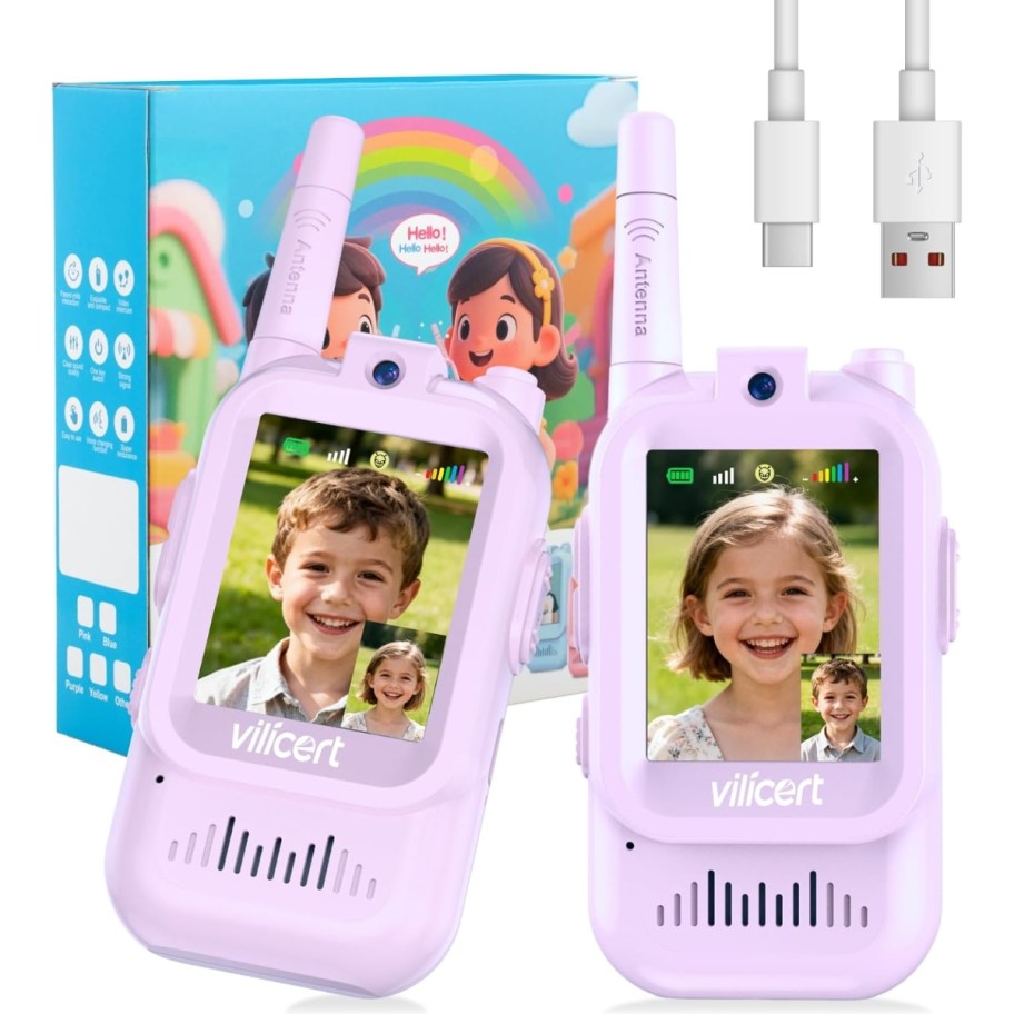 a kids video walkie talkie set and the box it comes in