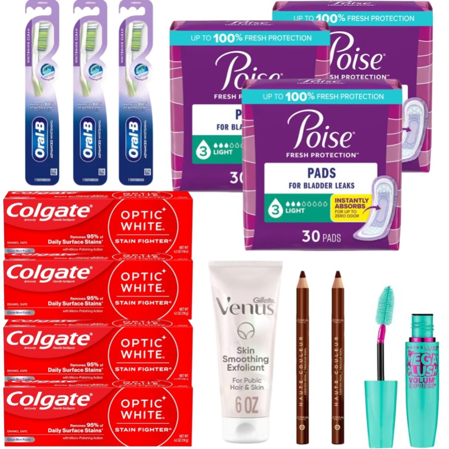 Oral-B Toothbrushes, Poise Pads, Colgate Toothpaste boxes, Venus Exfoliating Cream, L'Oreal Eye Liners and Maybelline Mascara
