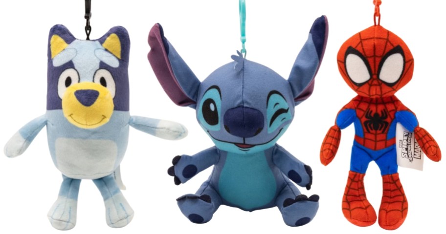 Bluey, Stitch, and Spiderman plush keychains
