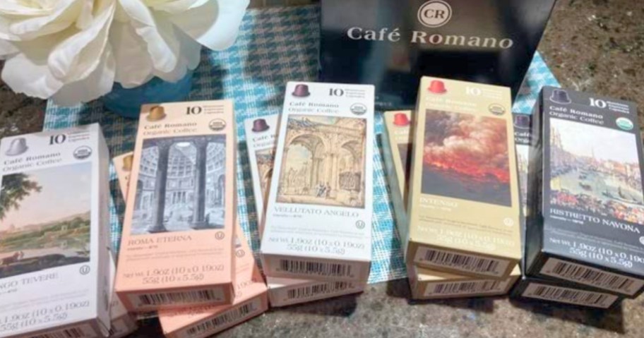 boxes of Café Romano Coffee Espresso Pods on a counter