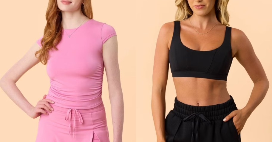 two women wearing workout clothing