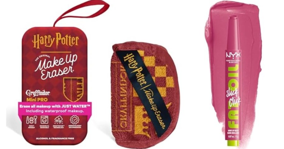 a Harry Potter Makeup Eraser cloth and an NYX Fat Oil Lipstick