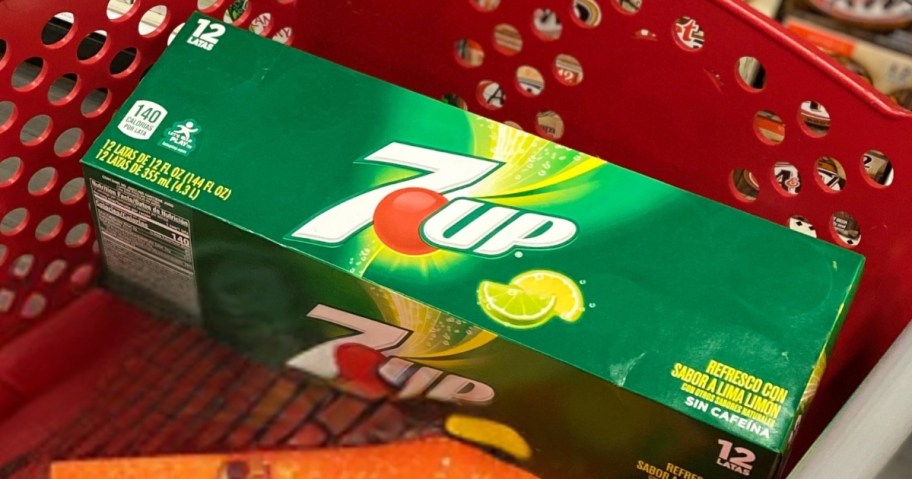 a case of 7-Up soda cans in a shopping cart