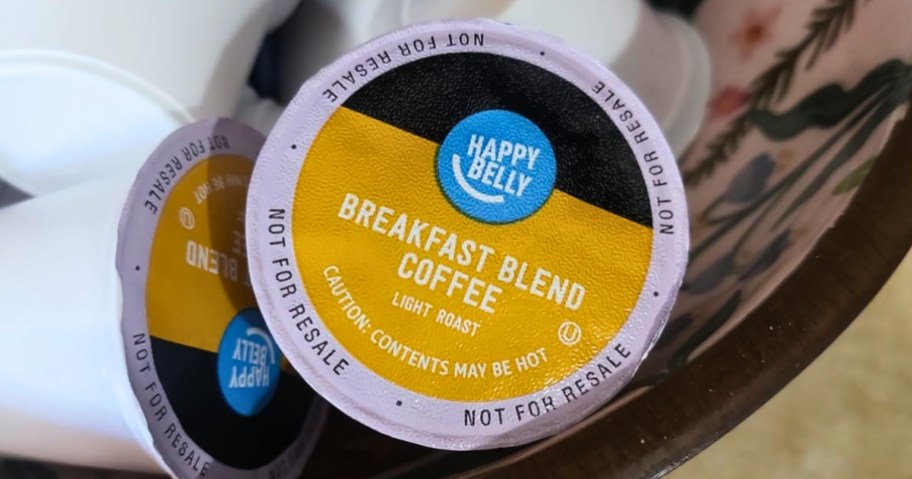 a bowl of Happy Belly brand coffee K-Cups