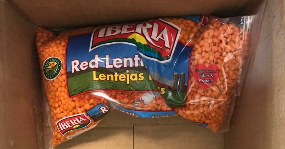 a bag of Iberia Red Lentil Beans in a box