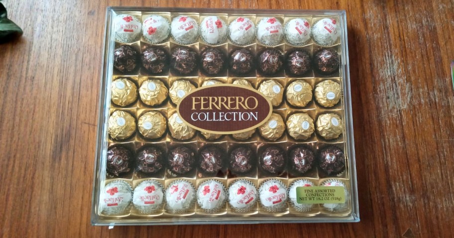 a box with an assortment of Fererro Rocher candies