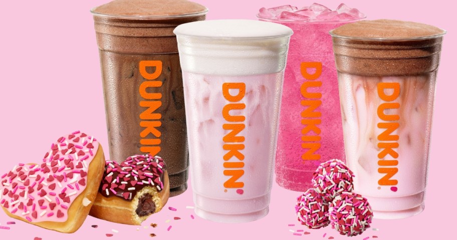 cups of Dunkin Donuts drinks and Valentine's Donuts and Munchkins
