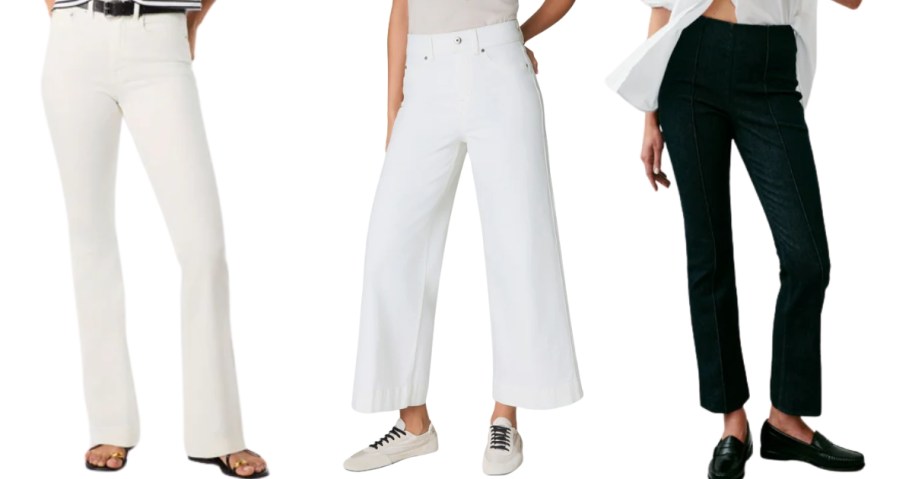 lower half of 3 women wearing different styles and colors of jeans