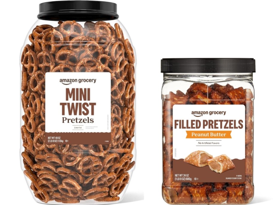 large tub of mini twist pretzels and a medium tub of peanut butter filled pretzels