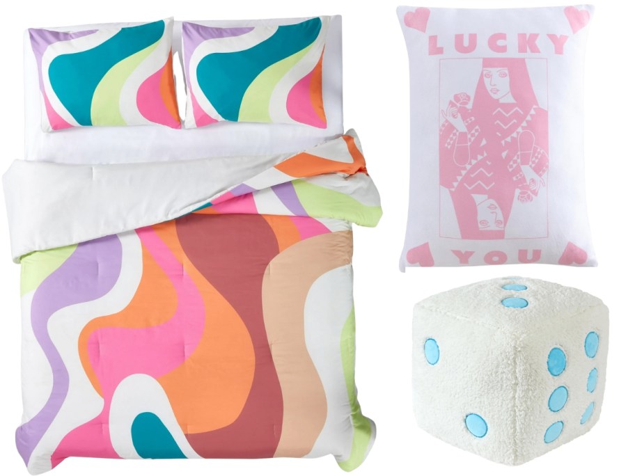 a bed with a lava lamp style print, a queen of hearts throw pillow and a dice shaped throw pillow