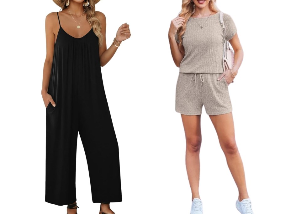 woman wearing a black wide leg romper and woman wearing a tan romper with short sleeves and shorts