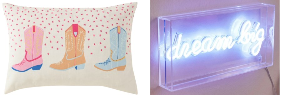 a throw pillow with cowboy boots on it, and an LED sign that says dream big