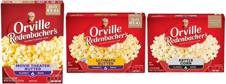 3 boxes of different kinds of Orville Redenbacher's microwave popcorn 
