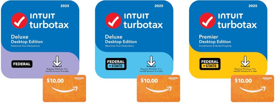 Turbo Tax product cards and Amazon Gift Cards