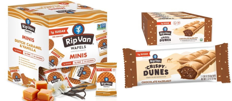 a box of Rip Van Wafel Mini Stroopwafels and a box of their Crispy Dunes