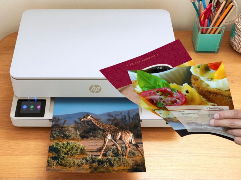 An HP Envy 6100 Series All-In-One Printer printing a photo
