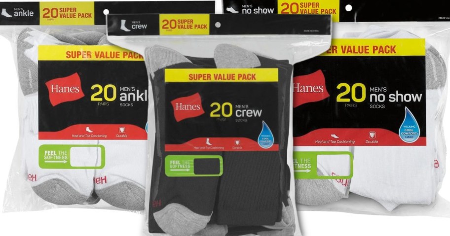 3 20-count packs of Hanes socks for men