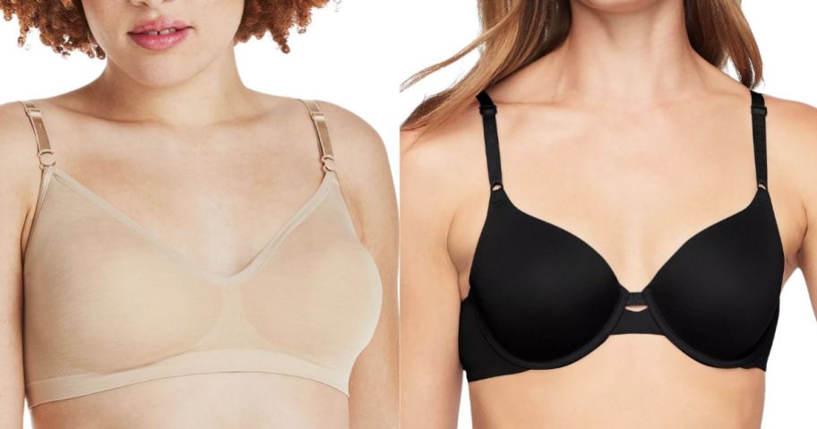 two women wearing a Hanes Women's Comfort Flex Seamless T-Shirt Bra and Warners Cloud 9 Super Soft Underwire Lightly Lined T-Shirt Bra