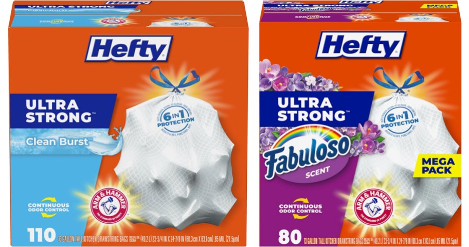 two boxes of hefty trash bags