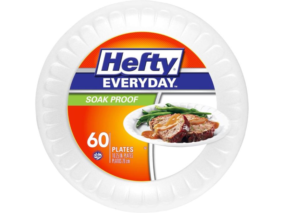 A stock image of a 60 pack of Hefty Everyday Soak Proof Plates