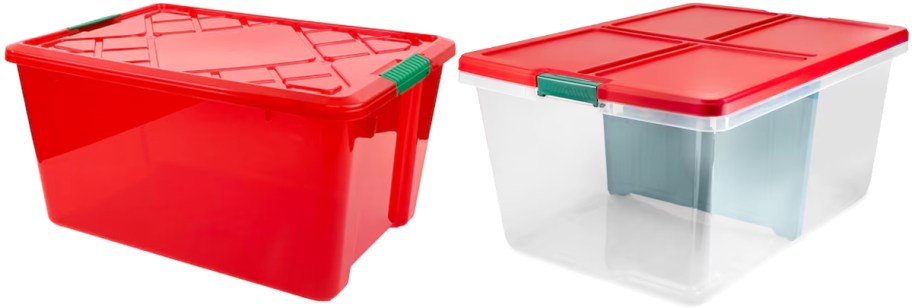 red and clear plastic storage totes