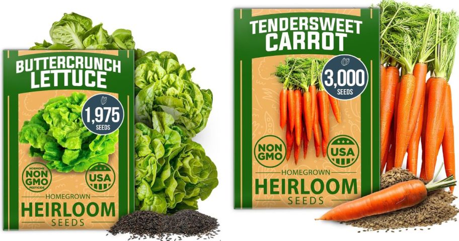 Stock images of Home Grown Buttercrunch Lettuce and tendersweet Carrot Seed Packs