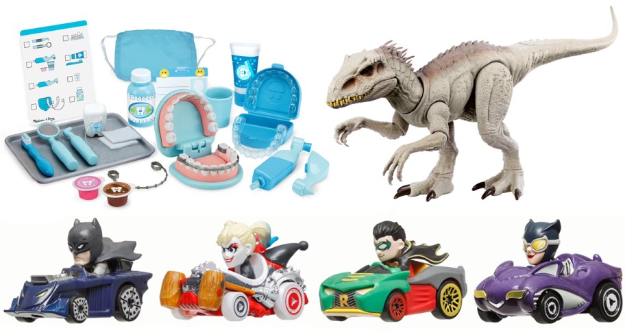 Hot Wheels RacerVerse Die-Cast Hot Wheels Cars 4-Pack, Jurassic World Camouflage 'N Battle Indominus Rex Action Figure, Melissa & Doug Super Smile Dentist Kit