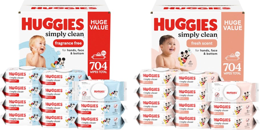 two large multi-pack boxes of Huggies Simply Clean baby wipes