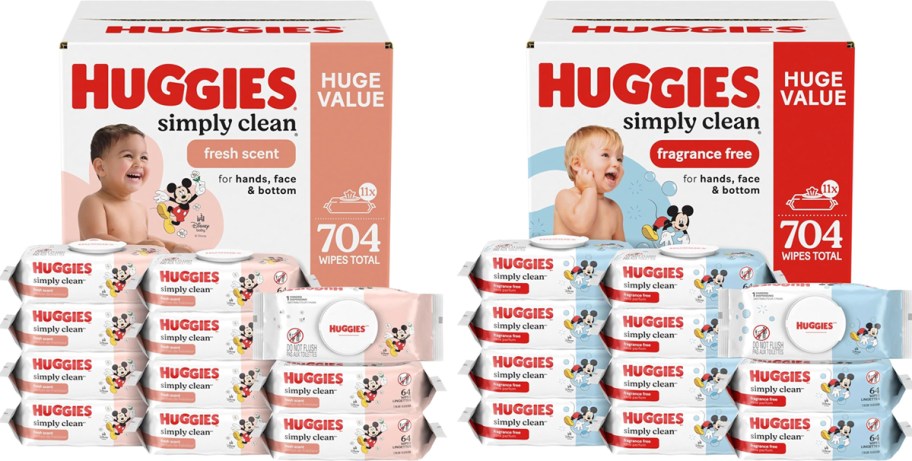 two large multi-pack boxes of Huggies Simply Clean baby wipes