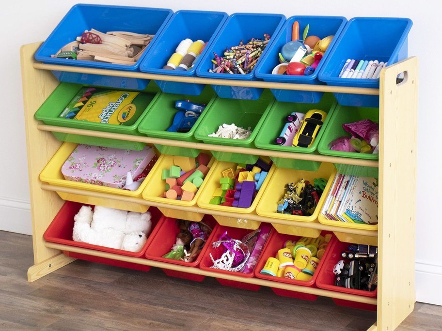 organizer with colorful bins filled with toys