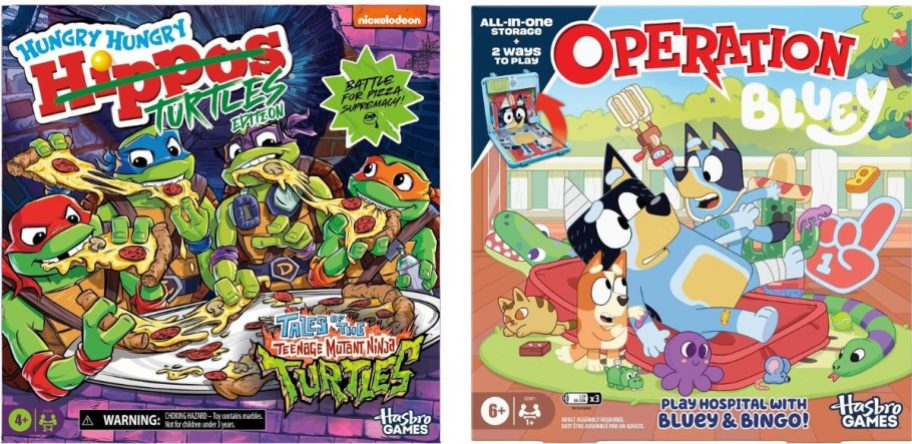 Hungry Hungry Hippos Teenage Mutant Ninja Turtles Edition Game and Operation Bluey Edition Board Game