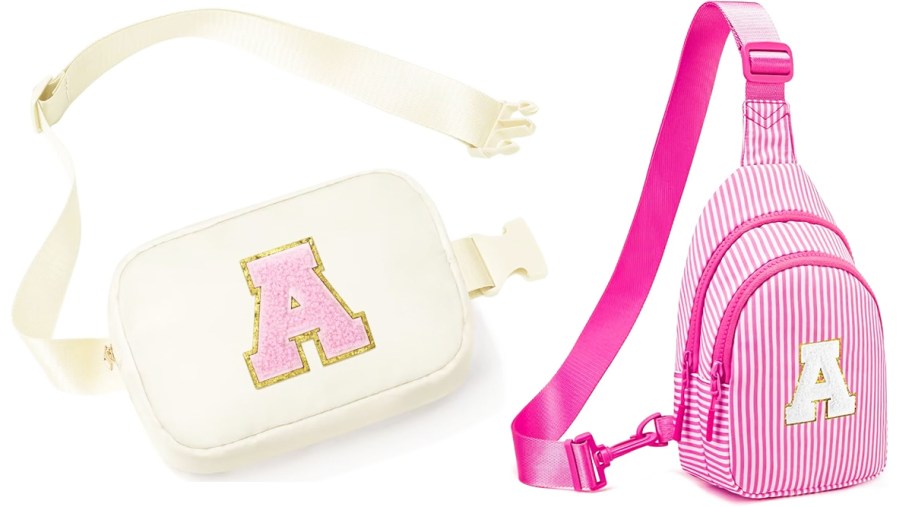 white crossbody bag and pink sling bag both with the letter A on them