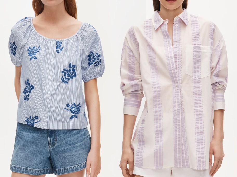 J.Crew Puff-Sleeve Button-Up Top in Embroidered Floral Stripe and Étienne Oversized Shirt in Dobby Stripe