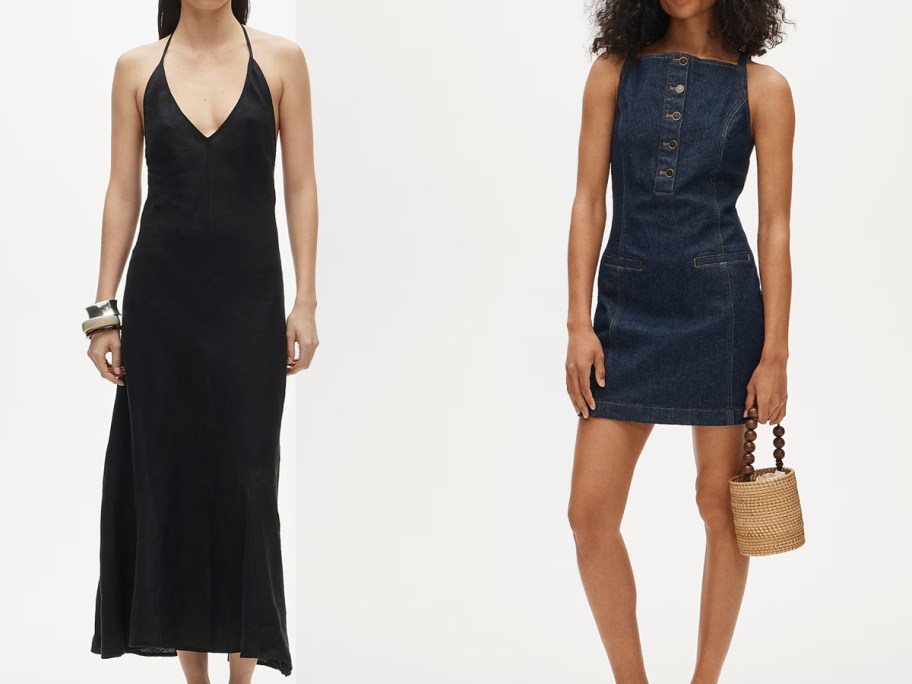 J.Crew V-Neck Halter Dress in Saffron Linen and Mini Sheath Dress in Denim