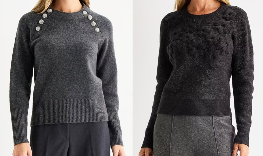 women in dark grey and black sweaters with flower details