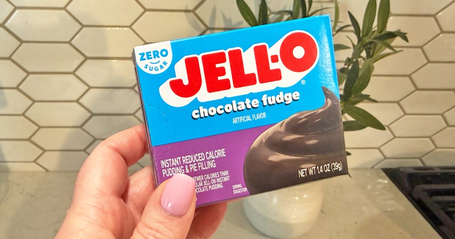 hand holding a box of Jell-O Sugar-Free Chocolate Fudge Pudding