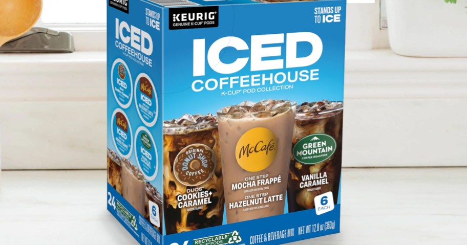 box of Keurig ICED Coffeehouse K-Cups on kitchen counter
