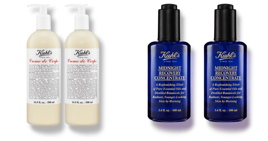 two Kiehl&rsquo;s Cr&egrave;me de Corps lotion bottles beside two Midnight Recovery face oil bottles.
