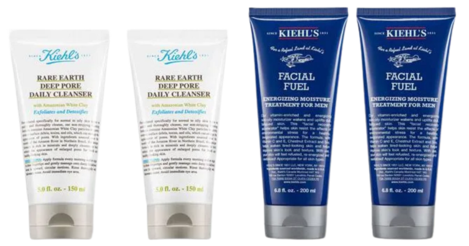 Two Kiehl&rsquo;s Rare Earth cleanser tubes beside two blue Facial Fuel moisturizer tubes.