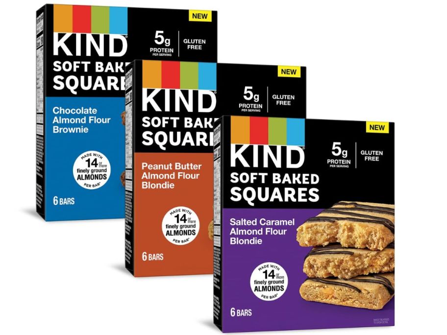 Stock images of 3 boxes of Kind Bars soft baked sqaures