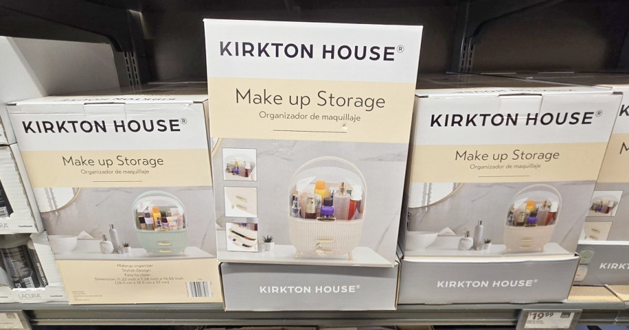 makeup storage organizers in boxes on shelf