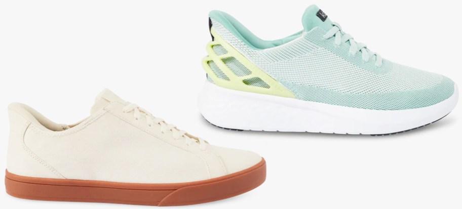 white and blue sneakers