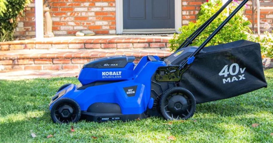 Kobalt 40V 21" Brushless Battery Push Lawn Mower 6Ah on front lawn